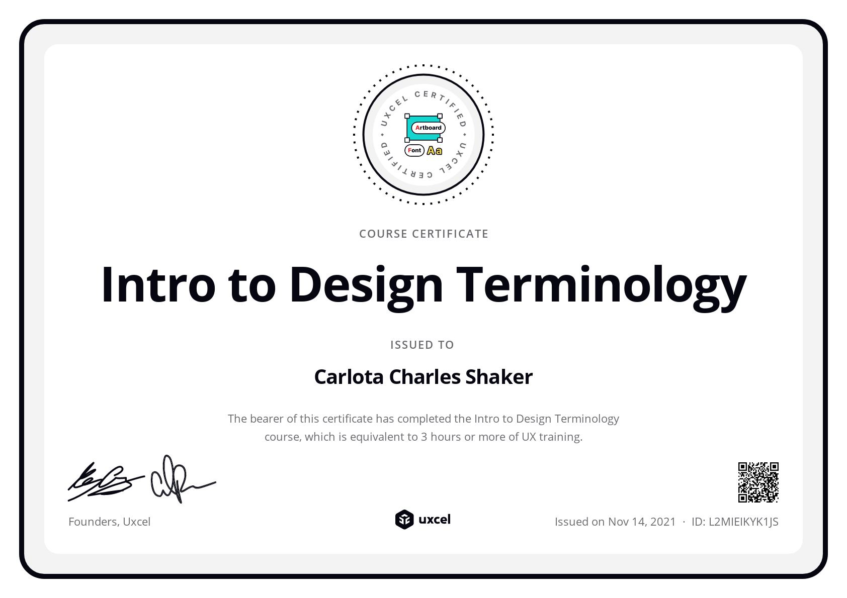 Carlota Charles Shaker's certificate